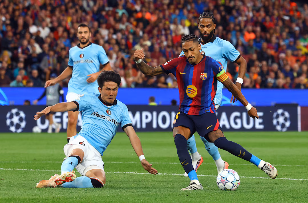 Gabriel Jesus marca primeiro golo pelo Barcelona e Raphinha lidera goleada na Champions